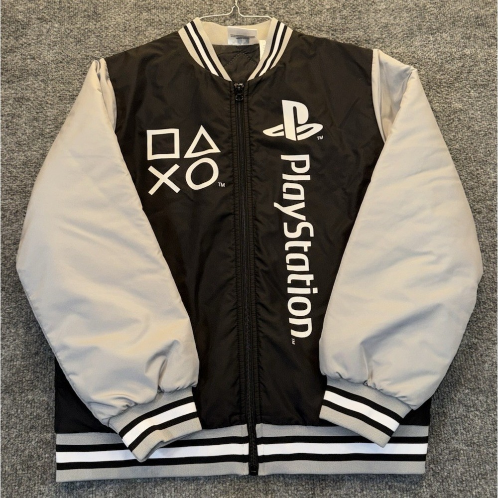 PlayStation Boys 14/16 Varsity Bomber Jacket Black Gray Gaming Controller